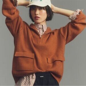 Anthropologie Brown Quarter Zip Sweater, Size Medium